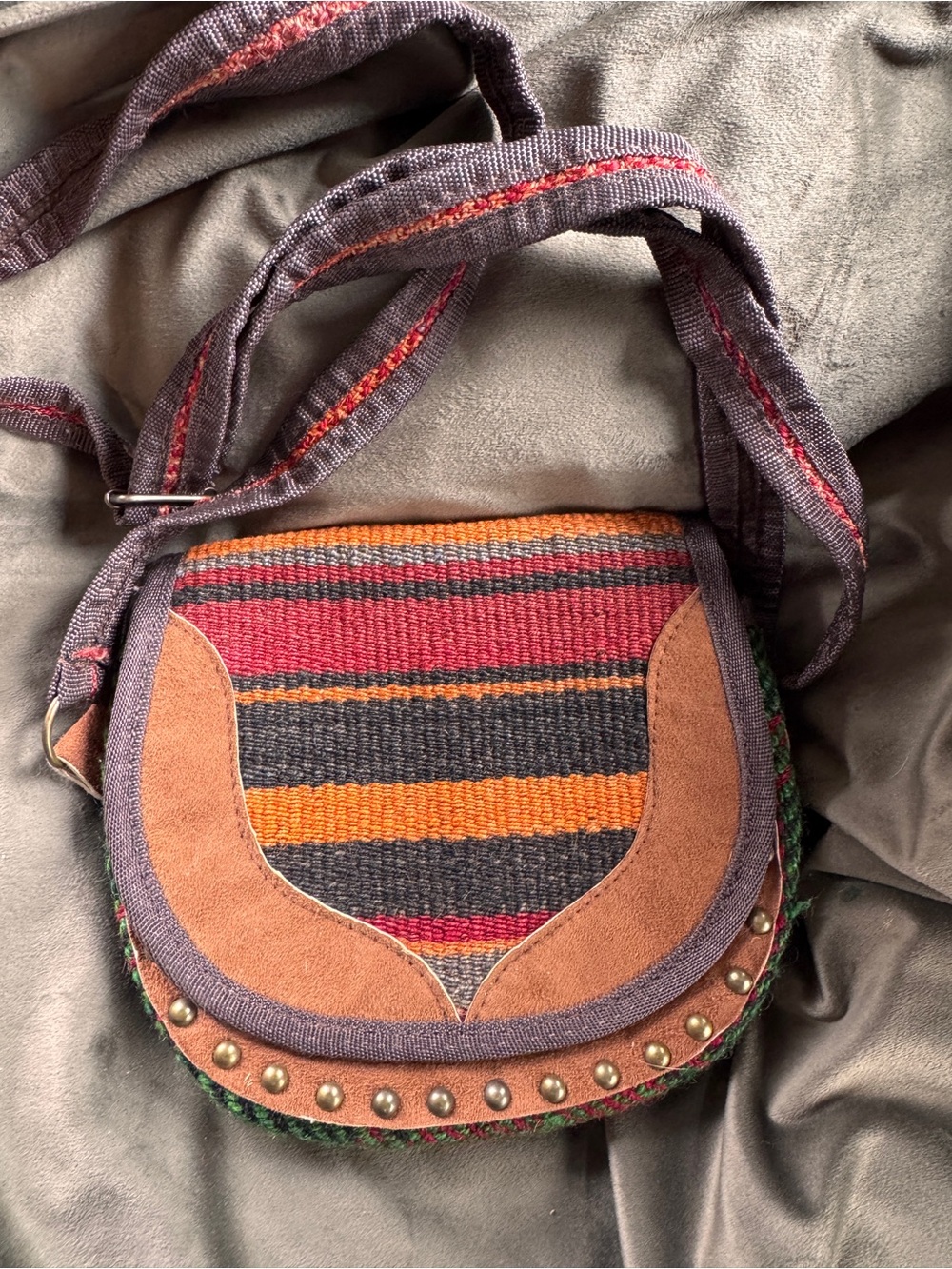 Handwoven Multi-Color Crossbody Bag with Suede Accents